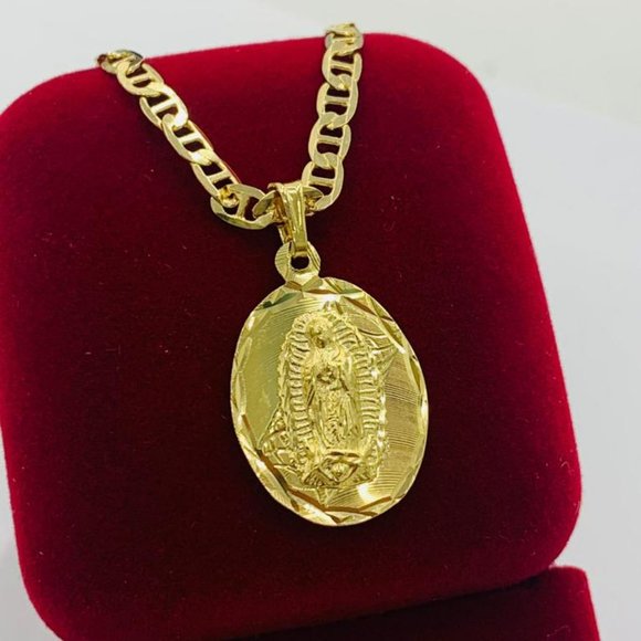 14K Yellow Gold F Virgen de Guadalupe Neckalace Charm 24" for Mens Mariner Chain - Picture 4 of 5
